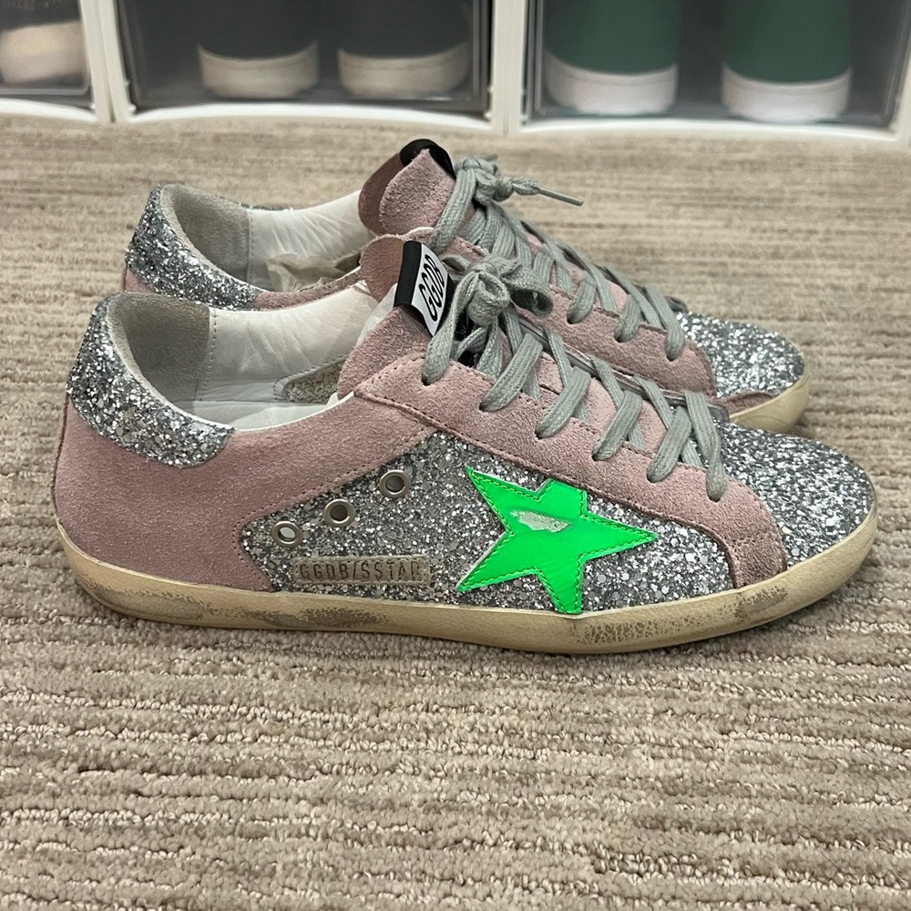 GOLDEN GOOSE Superstar silver and pink sneakers size 38 Suede and glitter